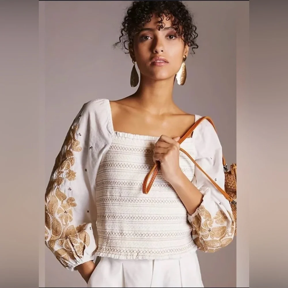 Anthropologie Embroidered Smocked Peasant Top M Boho Cottagecore Blouse